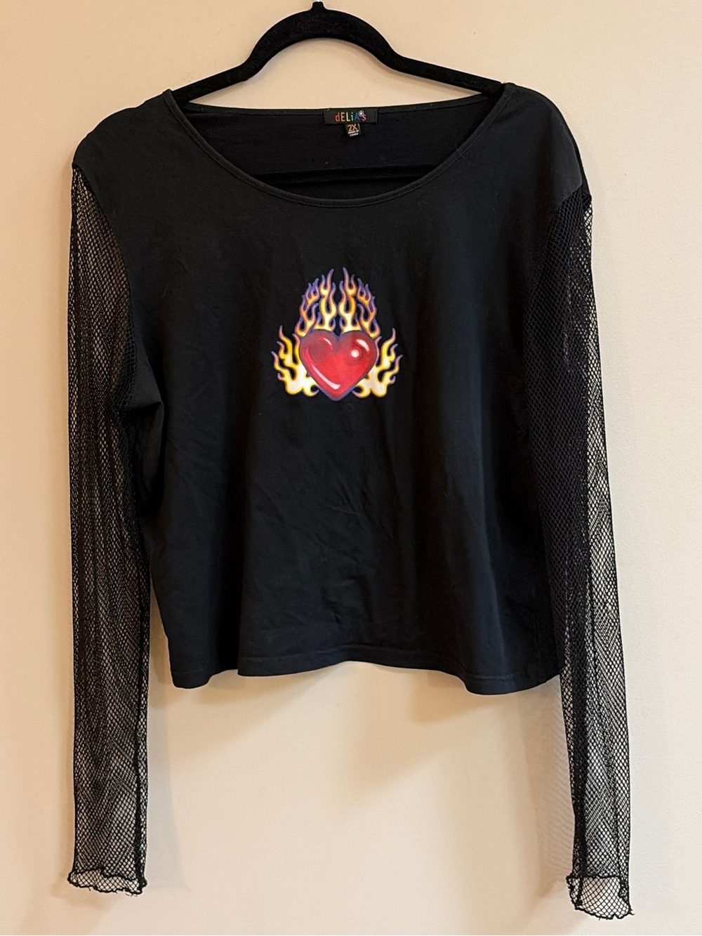 dELiA*s Dolls Kill Extra Slow Burn Fishnet Tee Flaming Heart Graphic Shirt Top